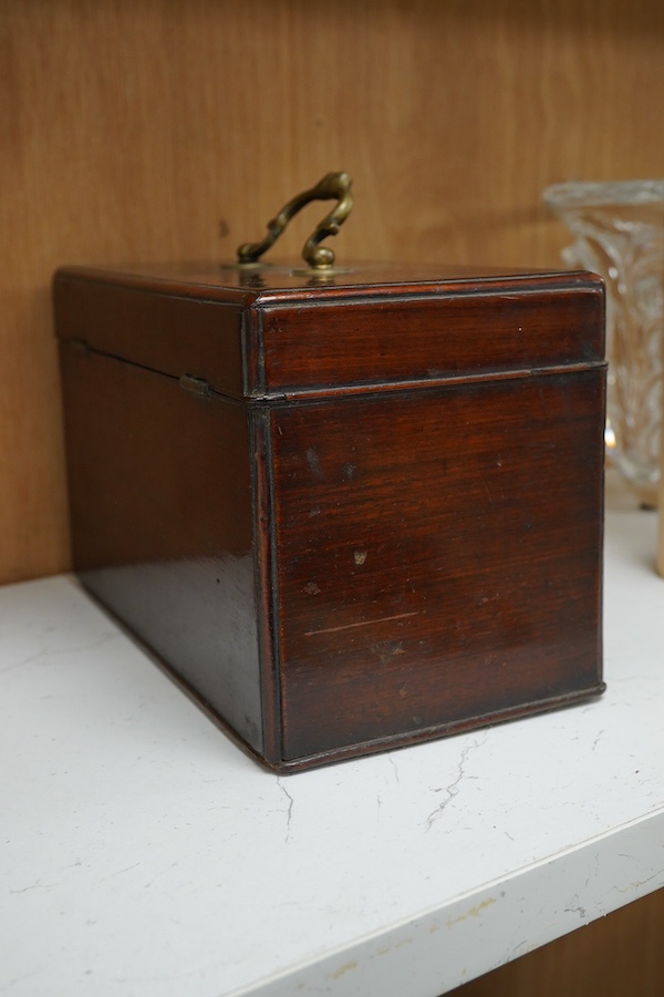 A three division Georgian mahogany tea caddy, 24cm x 15cm. Condition - top edge to lid missing, cellotape mark to front panel